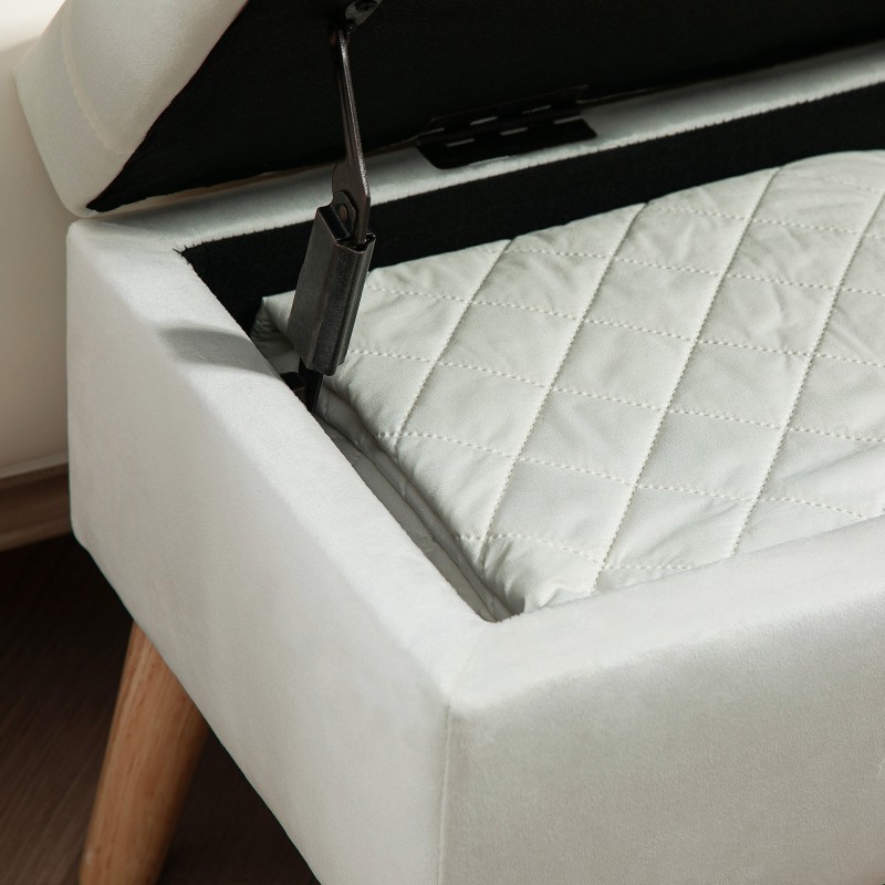 Säilytyspenkki samettimaisella kangasverhoilulla, puujalat, 80 x 35 x 42 cm, valkoinen