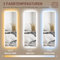 LED-kokovartalopeili, kehyksetön seinäpeili, himmennettävä, kosketusohjaus, 40 x 120 cm