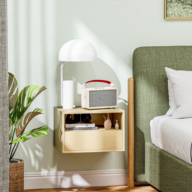 Seinään kiinnitettävä yöpöytäsetti makuuhuoneeseen, lastulevy, 45 x 35 x 27,5 cm, 2 kpl, luonnonvärinen