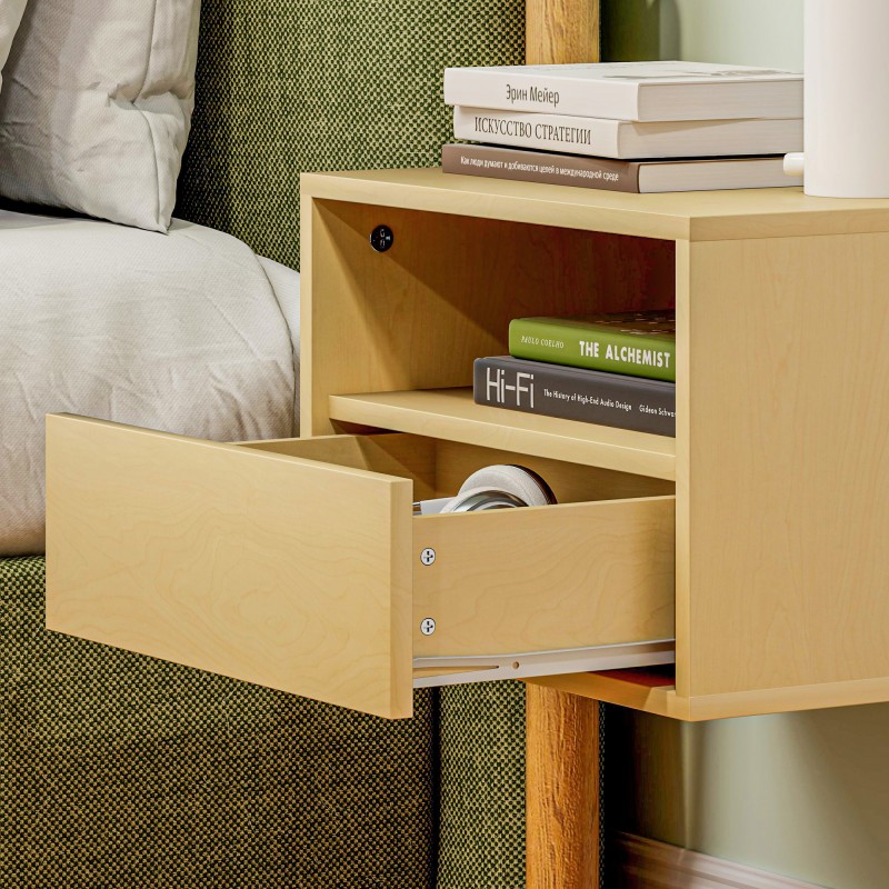 Seinään kiinnitettävä yöpöytäsetti makuuhuoneeseen, lastulevy, 45 x 35 x 27,5 cm, 2 kpl, luonnonvärinen