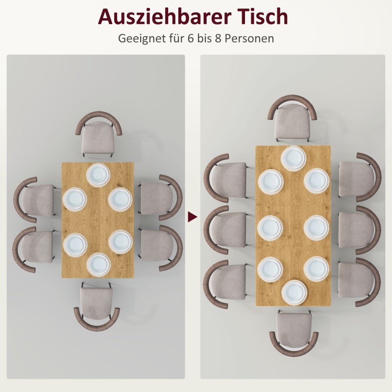 Jatkettava ruokapöytä 120–160 cm, 6–8 hengelle, MDF-taso ja teräsjalat, luonnon sävy