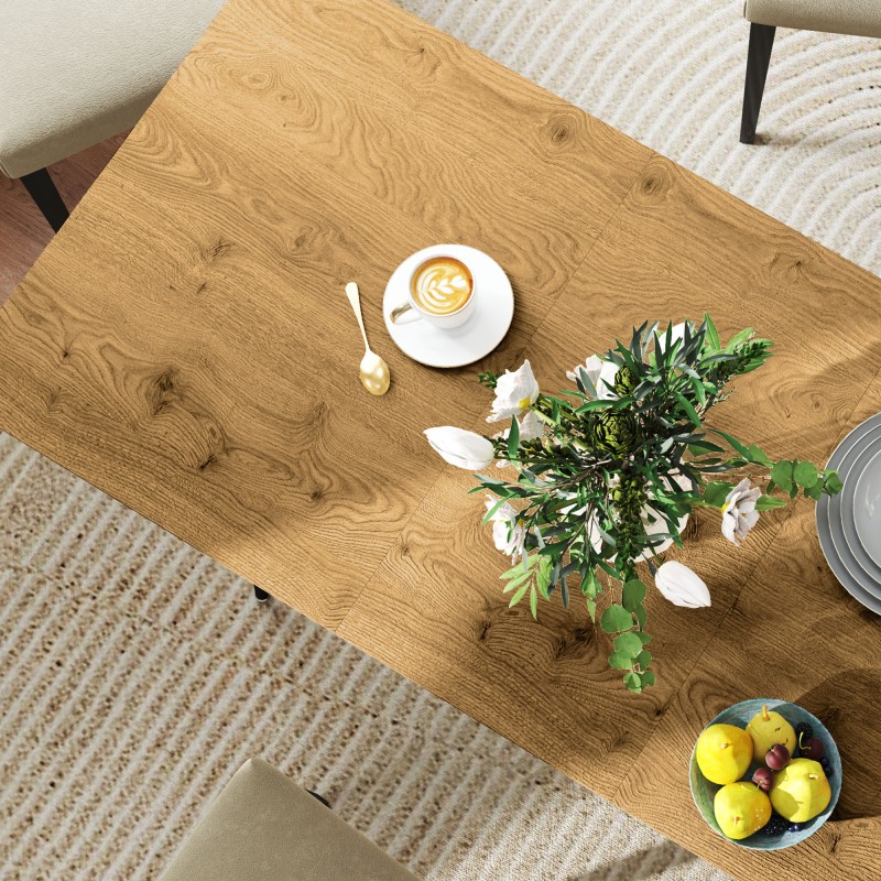 Jatkettava ruokapöytä 120–160 cm, 6–8 hengelle, MDF-taso ja teräsjalat, luonnon sävy