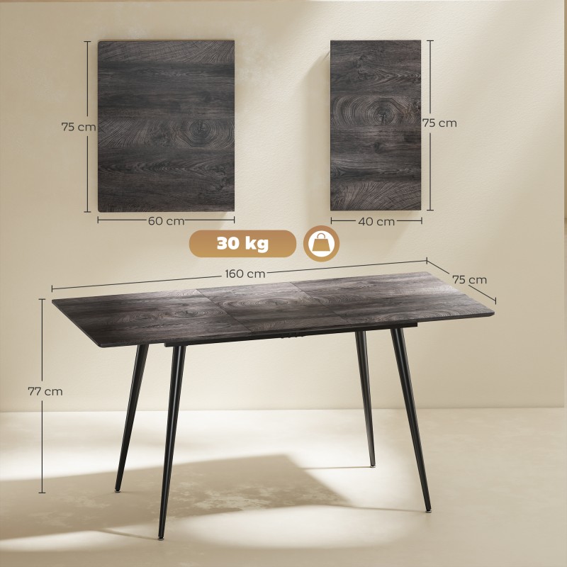 Jatkettava ruokapöytä 120–160x75x77 cm, MDF ja teräs, 6–8 hengelle, harmaa