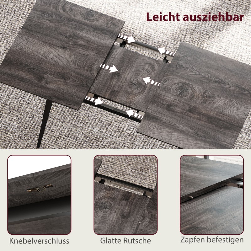 Jatkettava ruokapöytä 120–160x75x77 cm, MDF ja teräs, 6–8 hengelle, harmaa