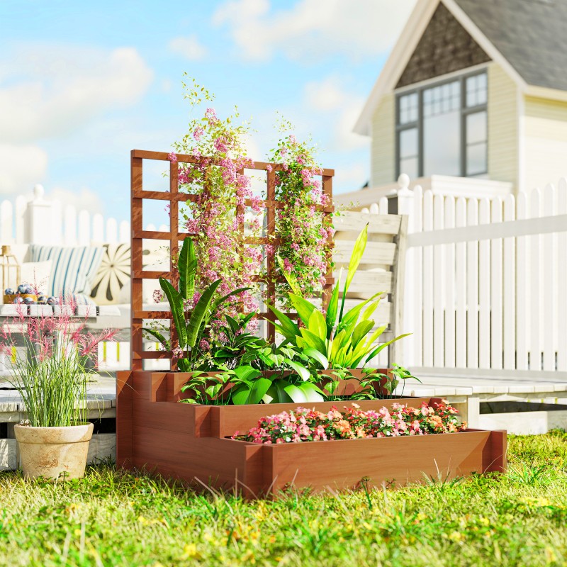 Kolmitasoinen viljelylaatikko säleiköllä kuusipuuta 95 x 95 x 110 cm ruskea