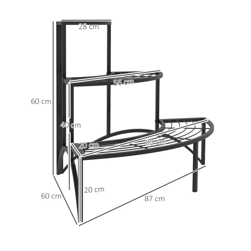 Nurkkamallinen kukkateline 3 tasoa metallia 87x60x60 cm musta sisä- ja ulkokäyttöön