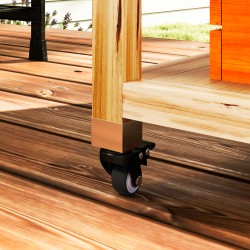 Ulkokeittiövaunu ja grillipöytä, puu ja ruostumaton teräs, kaappi ja hyllyt, pyörillä, luonnonpuu