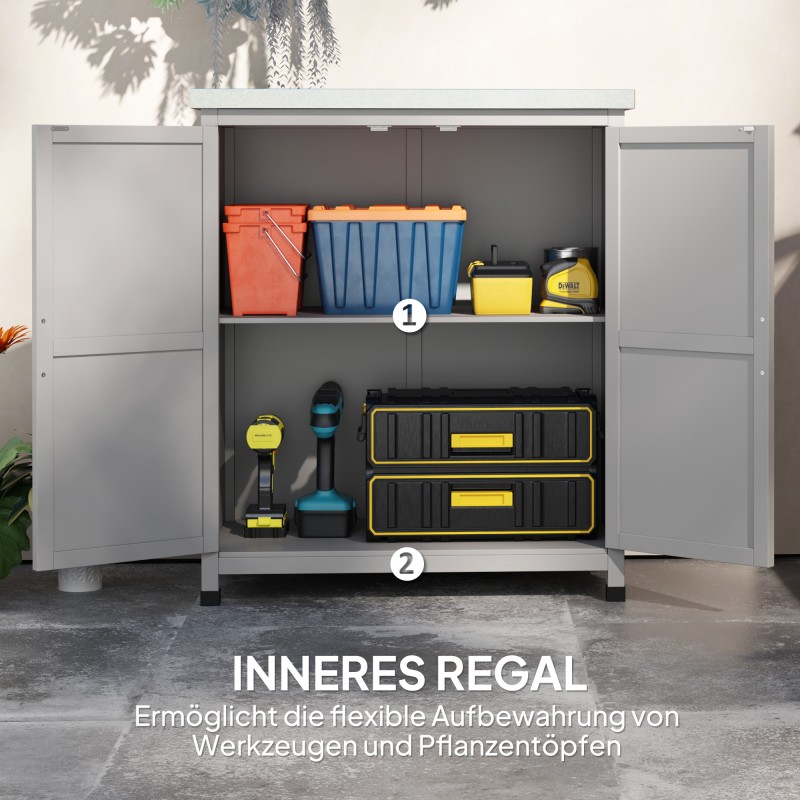 Puutarhakaappi ulkokäyttöön työtasolla, täyspuu ja sinkitty teräs, 79 x 43 x 92 cm, harmaa