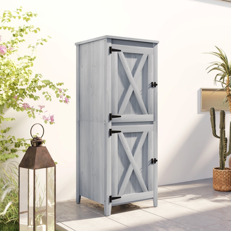 Pihakaappi puutarhatyökaluille kuusipuuta 60 x 60 x 160 cm, hellharmaa, lukittavat ovet