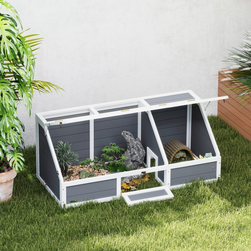Kilpikonnalaatikko ulkokäyttöön, pohjaton kilpikonnien aitauksen ja talon yhdistelmä, kuusi ja galvanoitu teräs, vaaleanharmaa