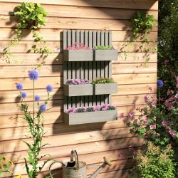 Seinään kiinnitettävä puinen viljelylaatikko säleiköllä, 5 säädettävää laatikkoa, 60x16x100 cm, harmaa