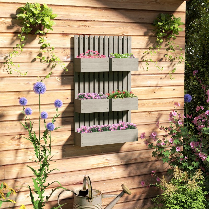 Seinään kiinnitettävä puinen viljelylaatikko säleiköllä, 5 säädettävää laatikkoa, 60x16x100 cm, harmaa