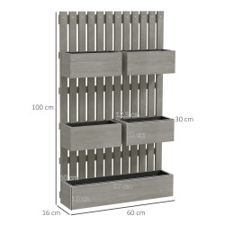 Seinään kiinnitettävä puinen viljelylaatikko säleiköllä, 5 säädettävää laatikkoa, 60x16x100 cm, harmaa