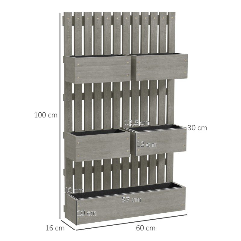 Seinään kiinnitettävä puinen viljelylaatikko säleiköllä, 5 säädettävää laatikkoa, 60x16x100 cm, harmaa