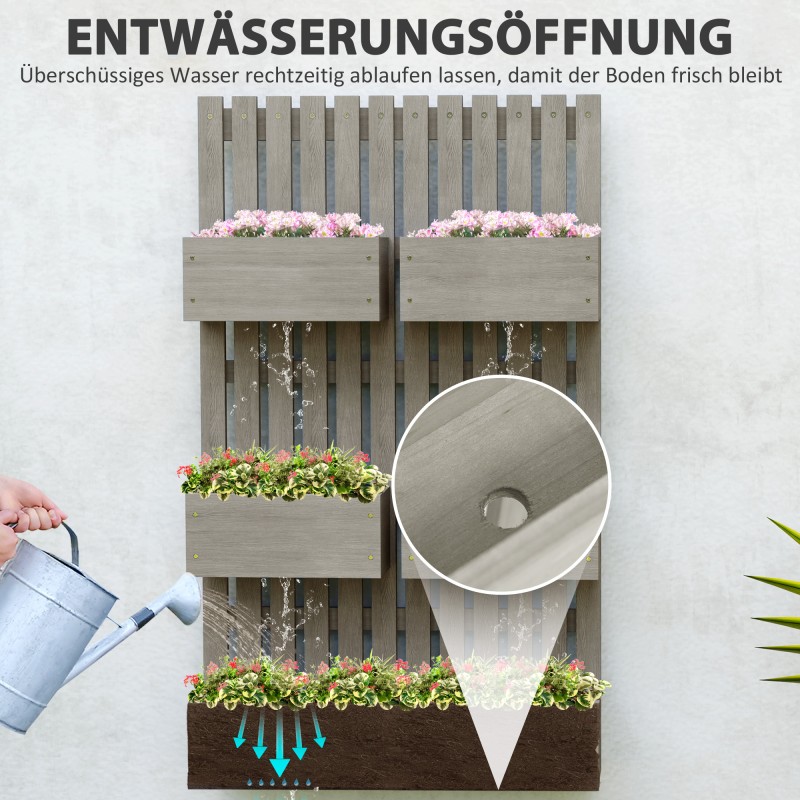 Seinään kiinnitettävä puinen viljelylaatikko säleiköllä, 5 säädettävää laatikkoa, 60x16x100 cm, harmaa