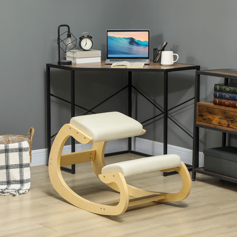 Ergonominen keinuva polvituoli kotitoimistoon, koivurunko, cremevalkoinen