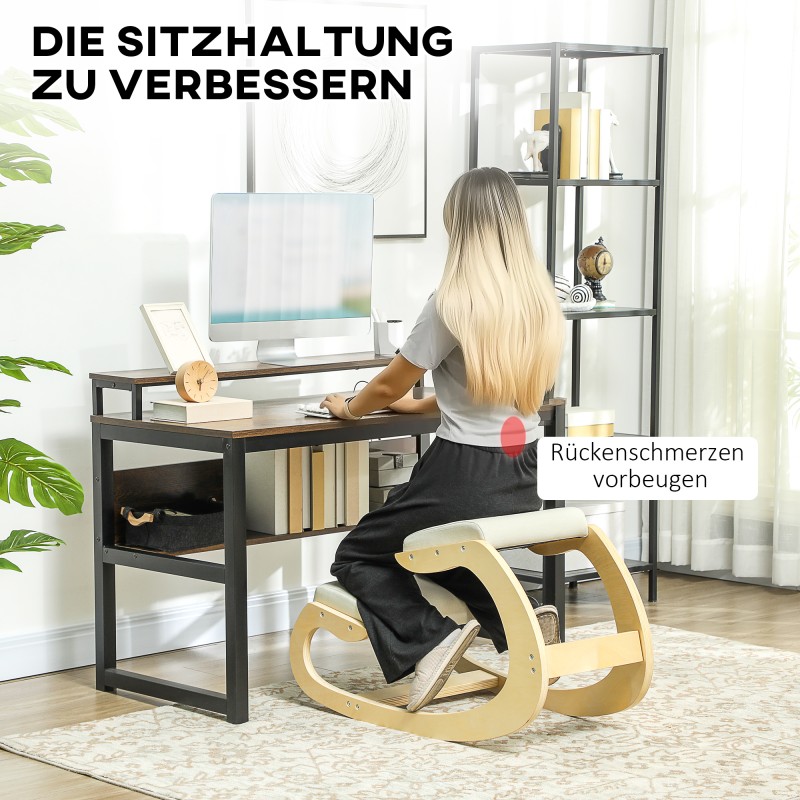 Ergonominen keinuva polvituoli kotitoimistoon, koivurunko, cremevalkoinen