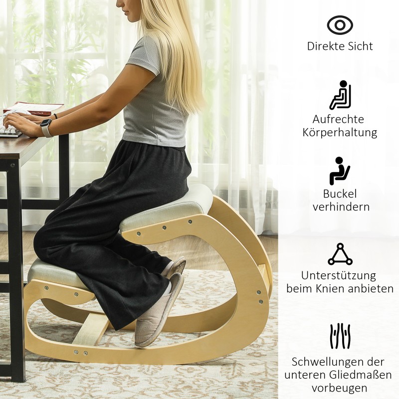 Ergonominen keinuva polvituoli kotitoimistoon, koivurunko, cremevalkoinen