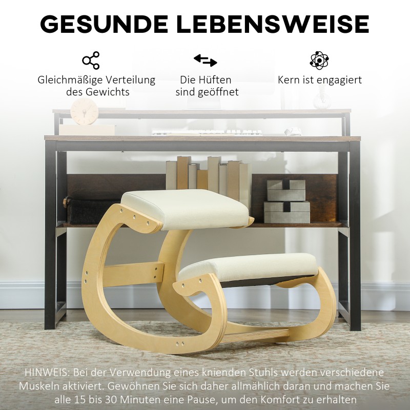 Ergonominen keinuva polvituoli kotitoimistoon, koivurunko, cremevalkoinen