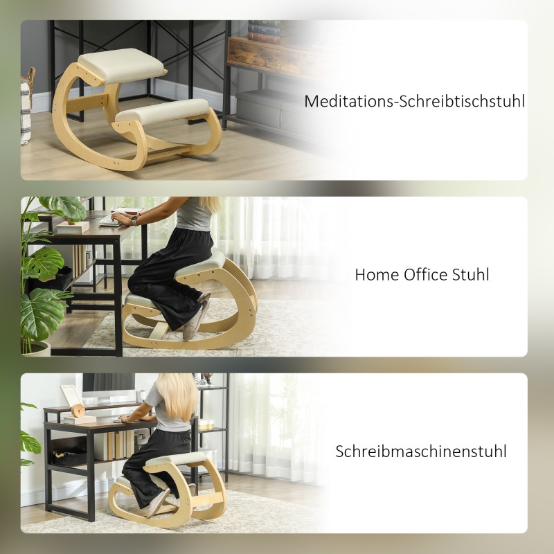 Ergonominen keinuva polvituoli kotitoimistoon, koivurunko, cremevalkoinen