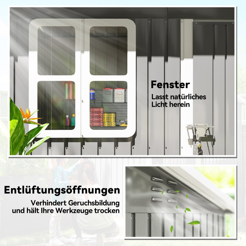 Pihavarasto teräs 221 x 133 x 190 cm, ikkuna ja lukittava ovi, tummanharmaa