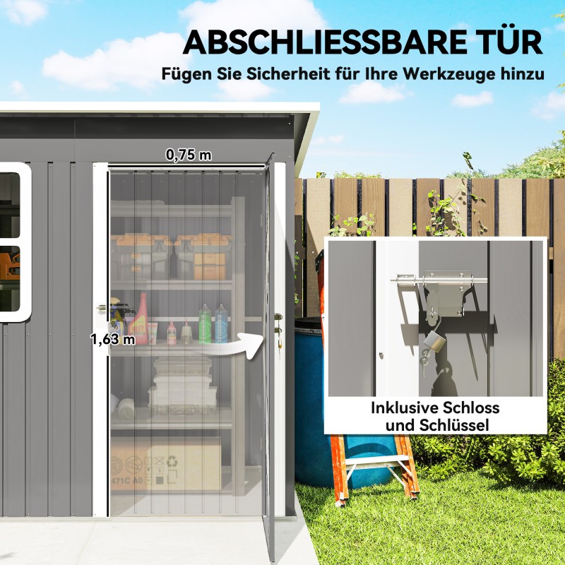 Pihavarasto teräs 221 x 133 x 190 cm, ikkuna ja lukittava ovi, tummanharmaa