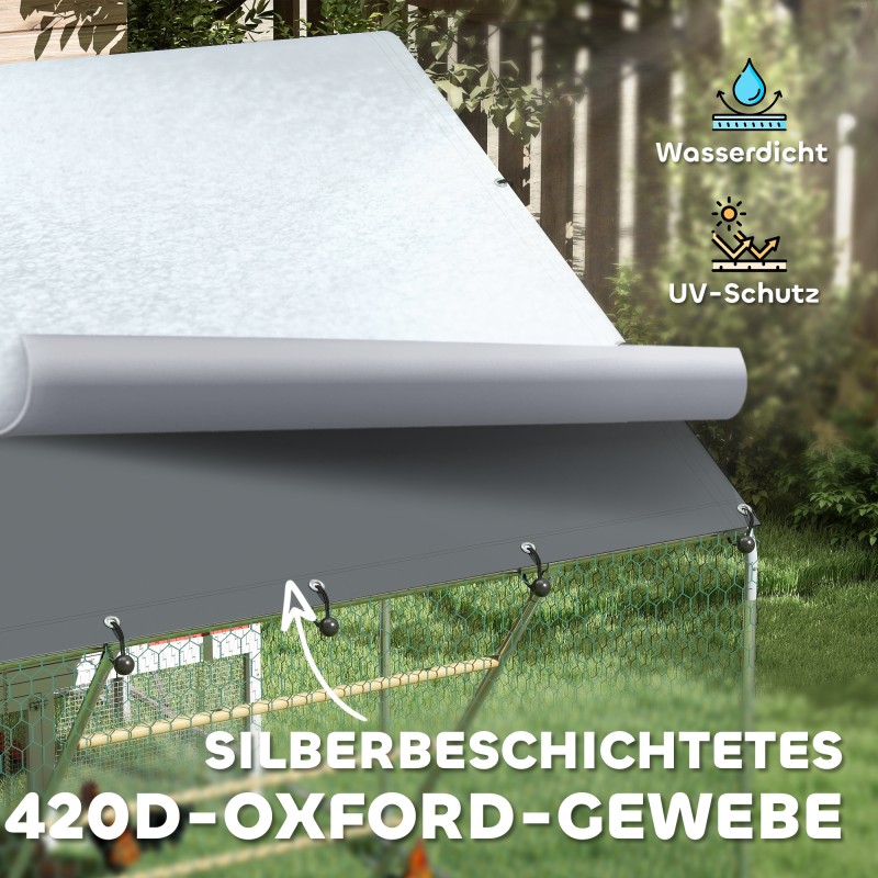 Kana-aitaus ulkokäyttöön 6–8 kanalle, galvanoitu teräs, UV-suojattu katos, n. 300 x 200 cm