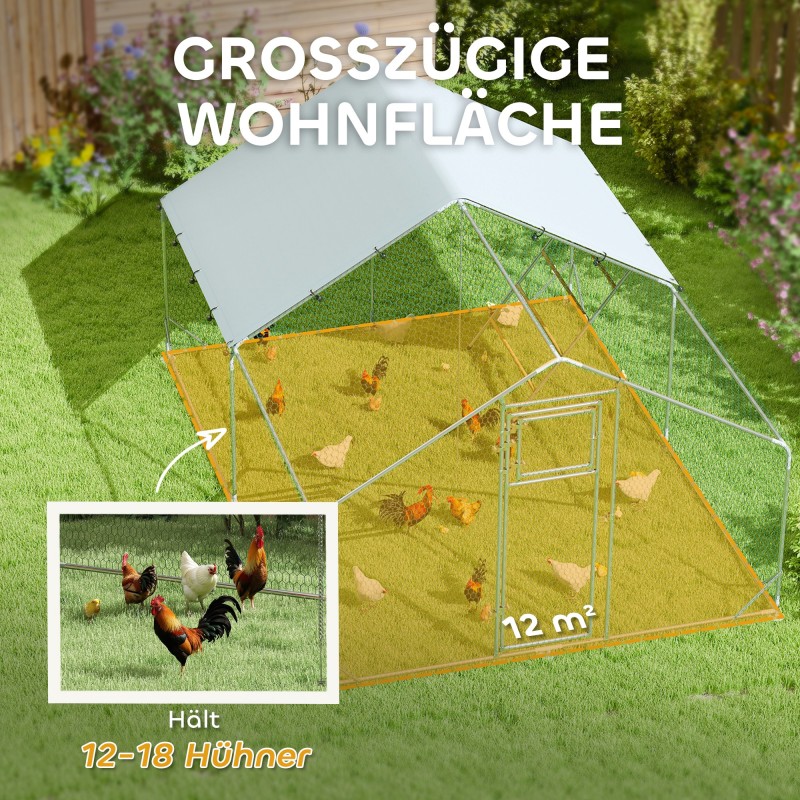 Kanojen ulkoaitaus 12–18 kanalle, galvanoitu teräs, UV-suojattu katos, noin 12 m², hopea