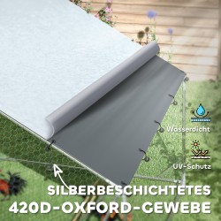 Kanojen ulkoaitaus 12–18 kanalle, galvanoitu teräs, UV-suojattu katos, noin 12 m², hopea