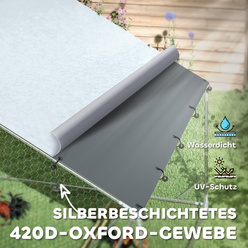 Kanojen ulkoaitaus 12–18 kanalle, galvanoitu teräs, UV-suojattu katos, noin 12 m², hopea