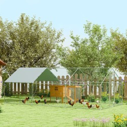 Kanojen ulkoaitaus 18–24 kanalle, sinkitty teräs ja teräsverkko, UV-suojattu katos, 300 x 600 cm, hopea