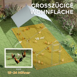 Kanojen ulkoaitaus 18–24 kanalle, sinkitty teräs ja teräsverkko, UV-suojattu katos, 300 x 600 cm, hopea