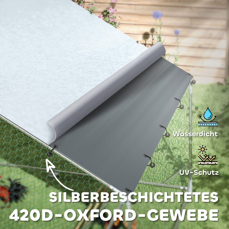 Kanojen ulkoaitaus 18–24 kanalle, sinkitty teräs ja teräsverkko, UV-suojattu katos, 300 x 600 cm, hopea