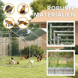 Kanojen ulkoaitaus 18–24 kanalle, sinkitty teräs ja teräsverkko, UV-suojattu katos, 300 x 600 cm, hopea