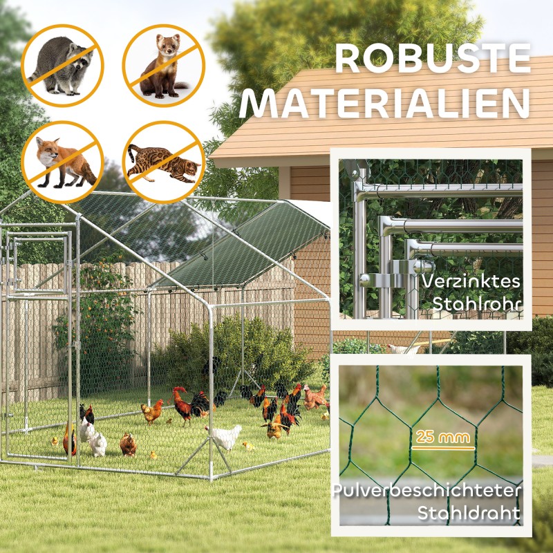 Kanojen ulkoaitaus 18–24 kanalle, sinkitty teräs ja teräsverkko, UV-suojattu katos, 300 x 600 cm, hopea