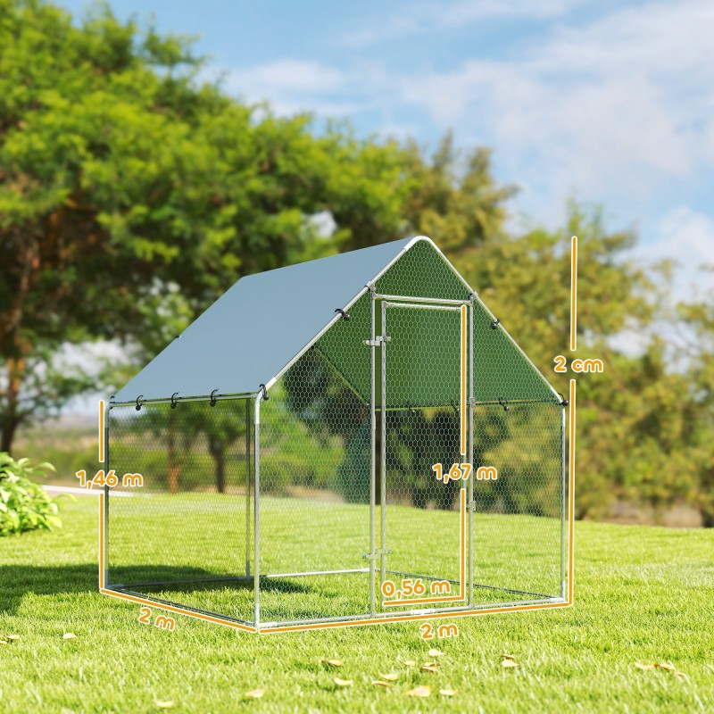Kanojen ulkotarha sinkitty teräs 2x2x2 m kattosuojalla hopea