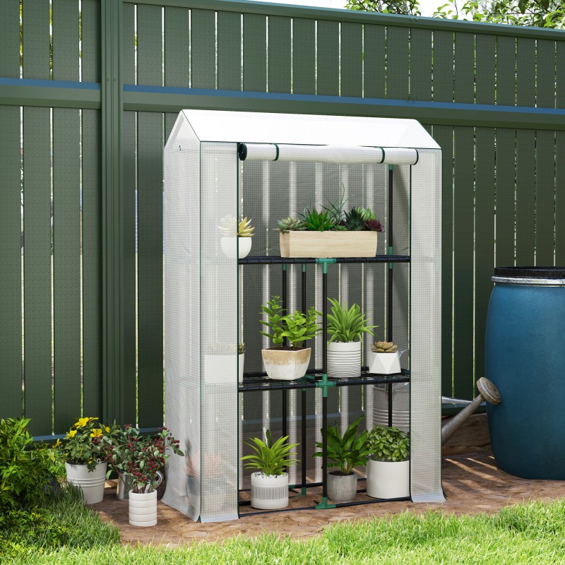 Kasvihuone 3-tasoisella hyllyllä, teräsrunko ja UV-suojattu muovipeite, 100 x 40 x 150 cm, valkoinen