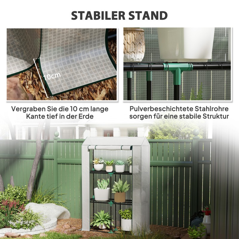 Kasvihuone 3-tasoisella hyllyllä, teräsrunko ja UV-suojattu muovipeite, 100 x 40 x 150 cm, valkoinen