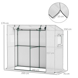 Seinää vasten asennettava mini-kasvihuone rullattavalla ovella ja verkkoikkunoilla 200x76x170 cm valkoinen