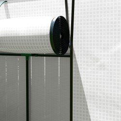 Seinää vasten asennettava mini-kasvihuone rullattavalla ovella ja verkkoikkunoilla 200x76x170 cm valkoinen