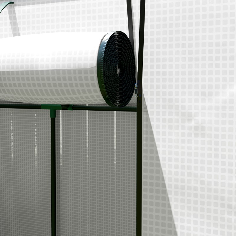 Seinää vasten asennettava mini-kasvihuone rullattavalla ovella ja verkkoikkunoilla 200x76x170 cm valkoinen