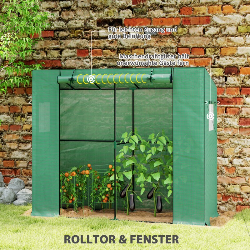 Minikasvihuone seinän viereen, teräsrunko ja UV-suojattu muovipeite, 200 x 76 x 170 cm, vihreä