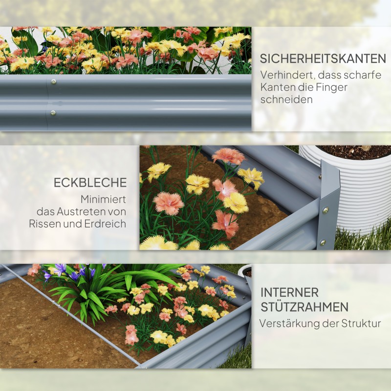 Teräksinen viljelylaatikko ulkokäyttöön 240 x 120 x 30 cm, galvanoitu, hopea
