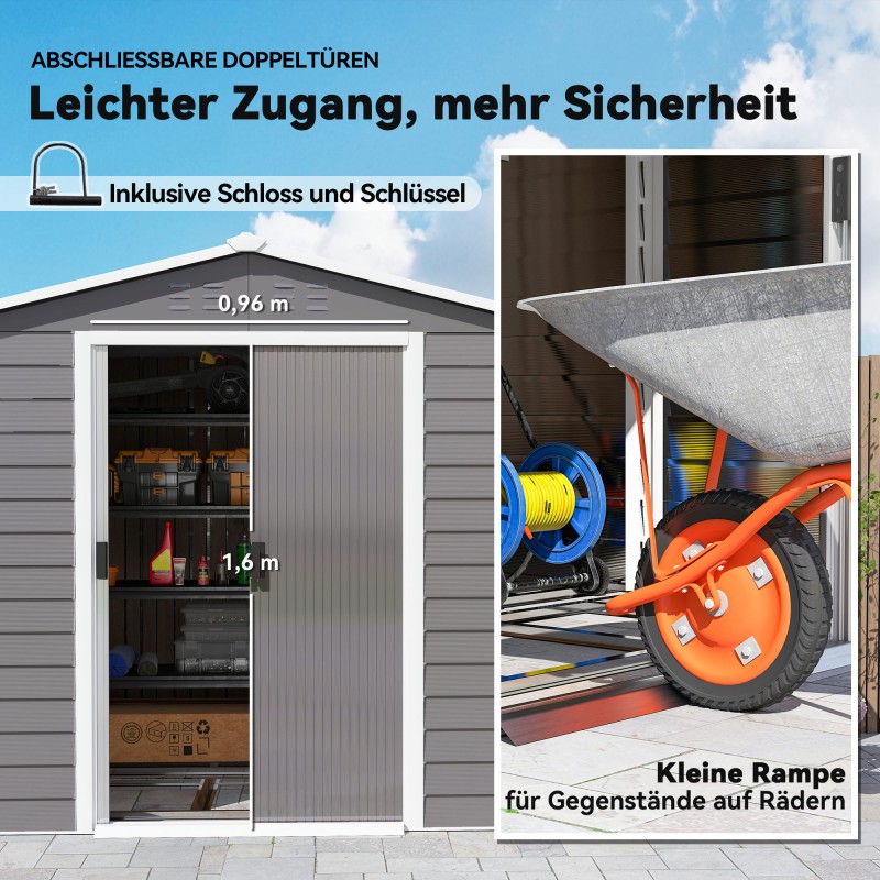 Metallinen pihavarasto, galvanoitu teräs, 240 x 206 x 198 cm, vaaleanharmaa, lukittava