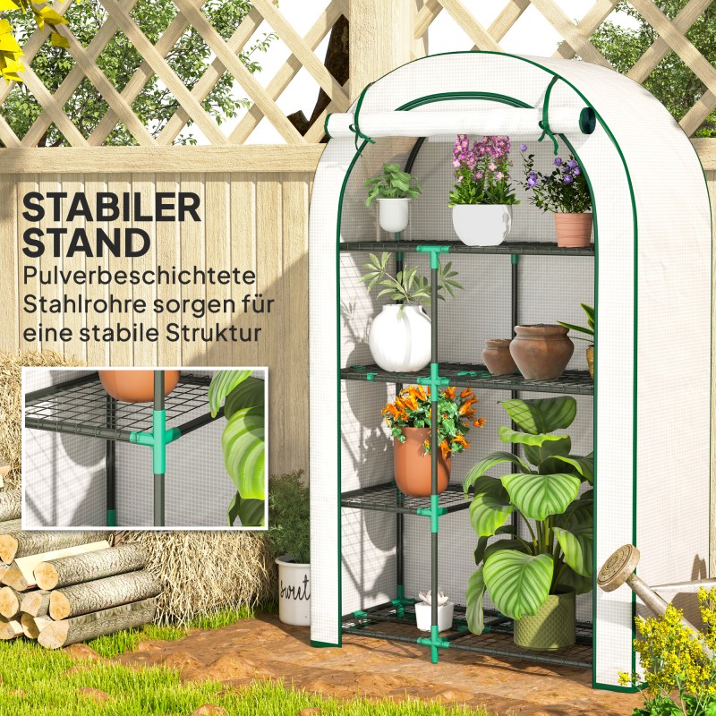 Mini kasvihuone 4 tasoa teräsrungolla ja muovipeitteellä 100 x 45 x 160 cm valkoinen