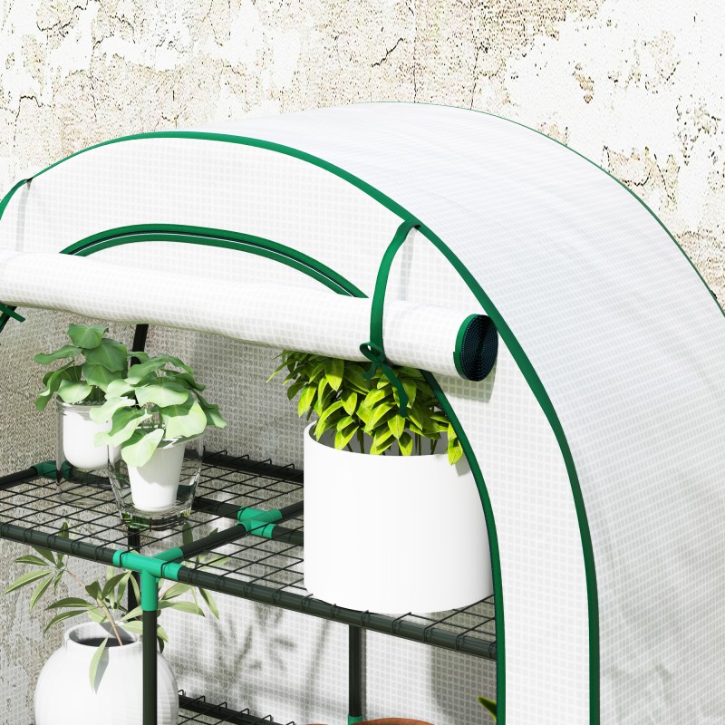 Mini kasvihuone 4 tasoa teräsrungolla ja muovipeitteellä 100 x 45 x 160 cm valkoinen