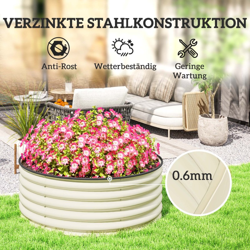 Viljelylaatikko / korkea istutusallas, galvanoitu teräs, avoin pohja, Ø120 x 43 cm, kermanvalkoinen