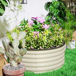 Viljelylaatikko / korkea istutusallas, galvanoitu teräs, avoin pohja, Ø120 x 43 cm, kermanvalkoinen