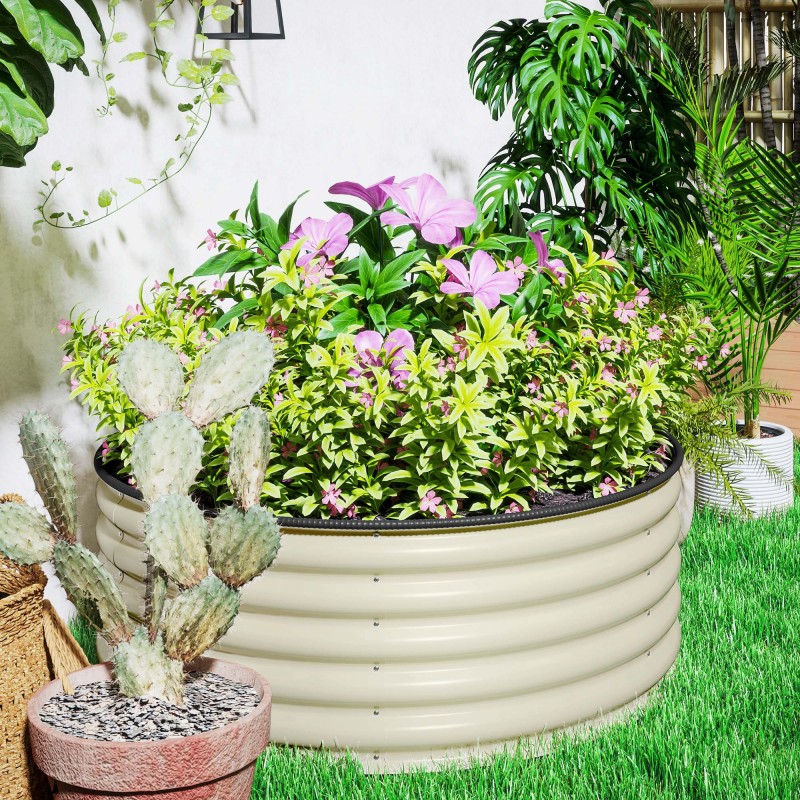 Viljelylaatikko / korkea istutusallas, galvanoitu teräs, avoin pohja, Ø120 x 43 cm, kermanvalkoinen