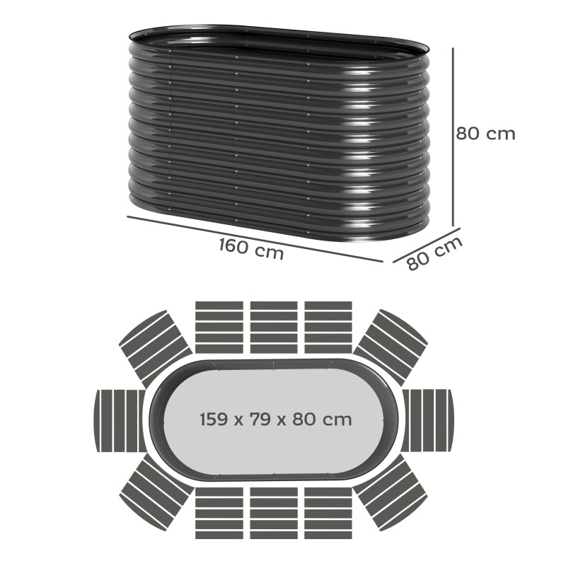 Metallinen korotettu istutusallas puutarhaan, galvanoitu teräs, 160 x 80 x 80 cm, 1005 l, tummanharmaa